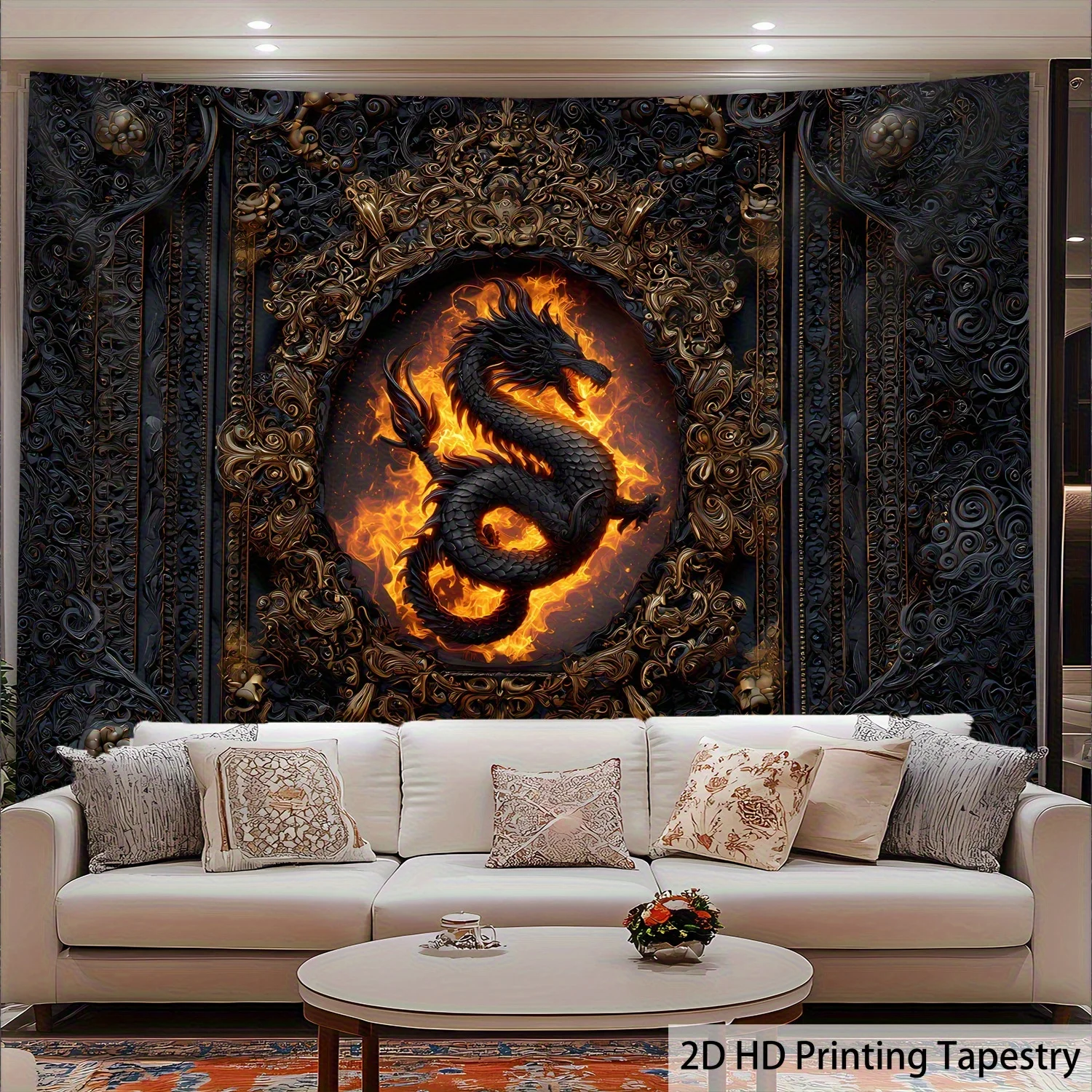 Mythical White Dragon Tapestry, Oriental Serpent with Fiery Eyes on Dark Cave Background,Wall Art for Gothic Asian Fantasy Decor