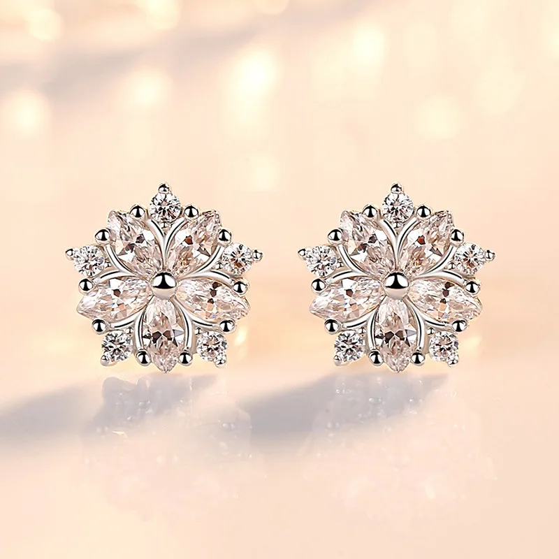 Real 925 Sterling Silver Woman\'s High Quality Fashion Jewelry Crystal Flower Hoop Earrings New XY0221