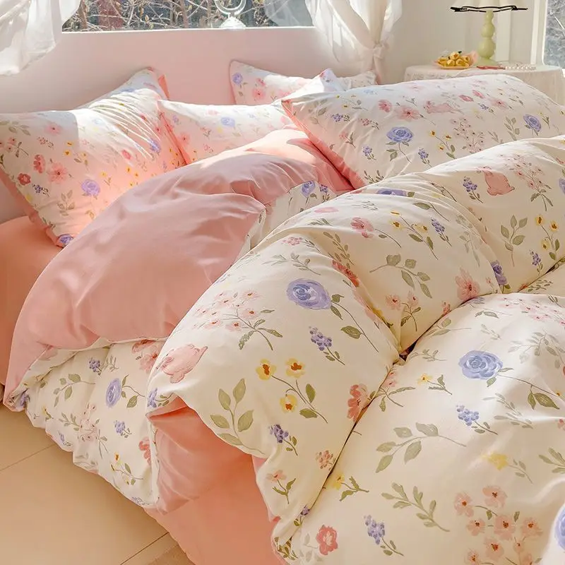 

Washed Cotton Bedding Set, Ins Pastoral Print Duvet Cover, Dorm 3 Piece Bedding Set, Wrinkle Cotton Bed Linen Set