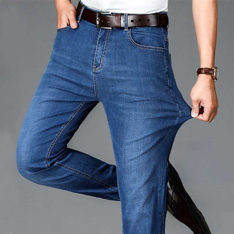 

Хлопковые джинсовые джинсы, мужские прямые эластичные повседневные длинные деловые джинсовые брюки, классические джинсы с поясом на четыре сезона, синие, черные брюки