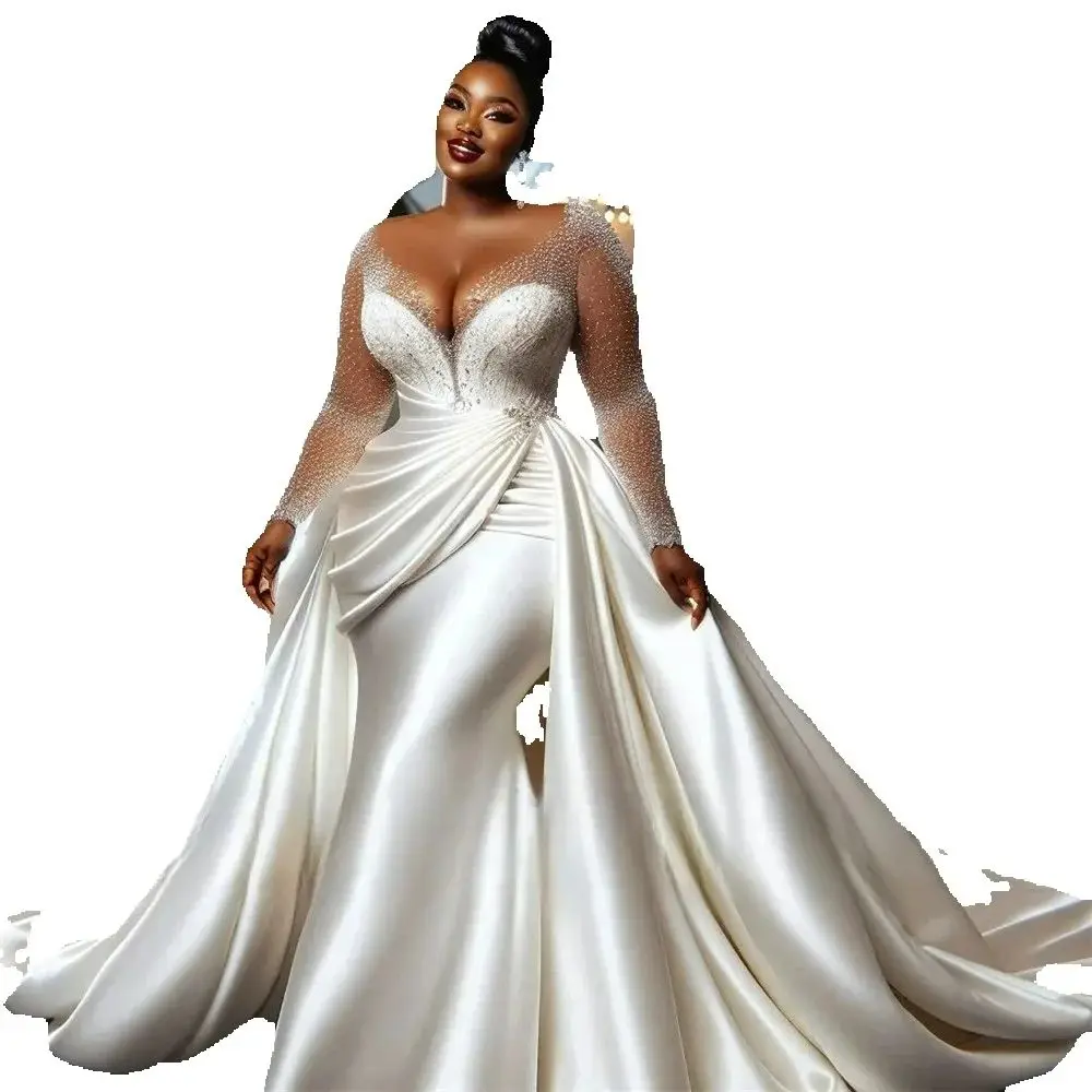 맞춤형 시어 넥 반짝이는 비즈 스팽글 웨딩 드레스 탈부착 가능한 스커트 아랍식 긴 소매 신부 드레스