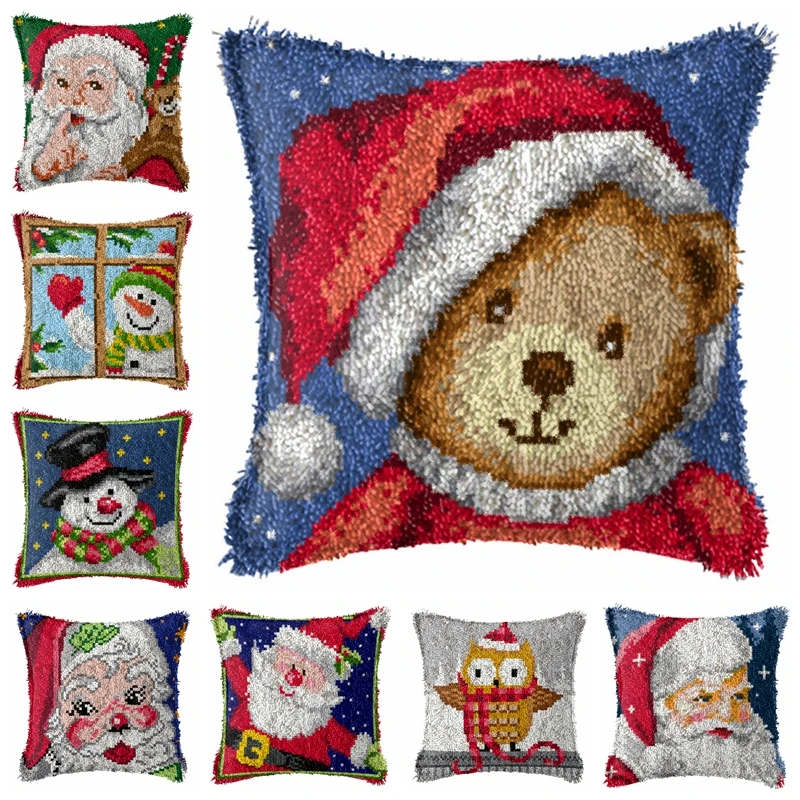 

Christmas Bear Embroidery Latch Hook Kit Cushion Cartoon Carpet Pillow Latch Hook Rug Kits Rug Kit Cross Stitch Mat Latch Hook