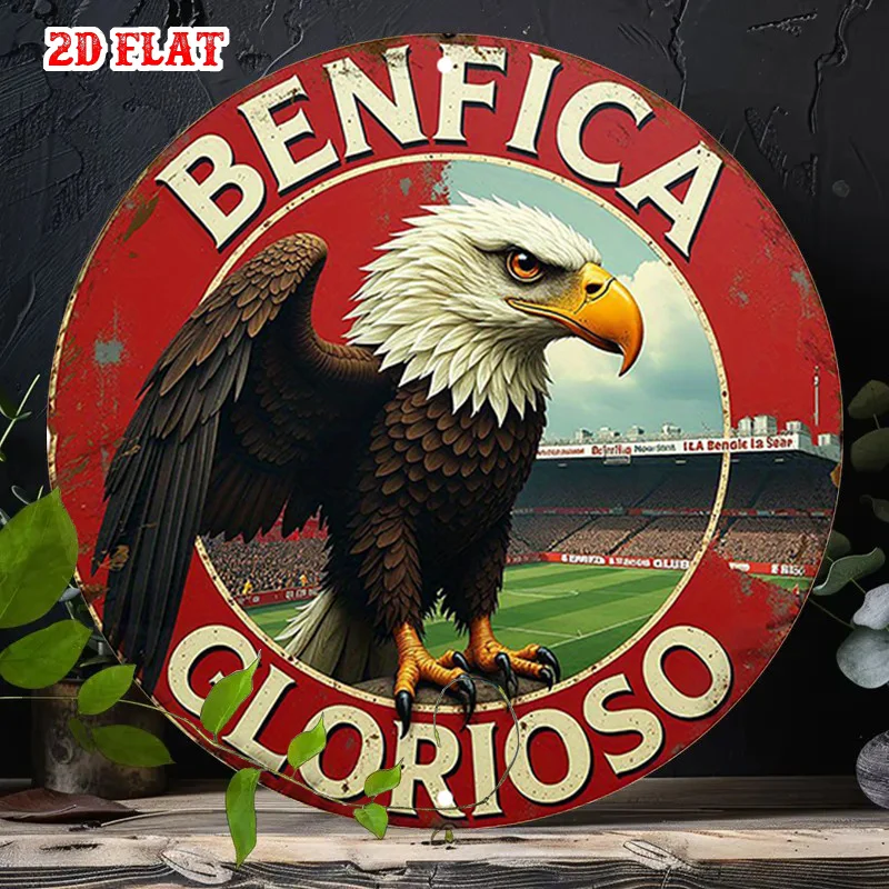1 peça de placa de madeira redonda 2D plana, estilo rústico, com o tema de glória do Benfica, com design de águia e decoração de estádio
