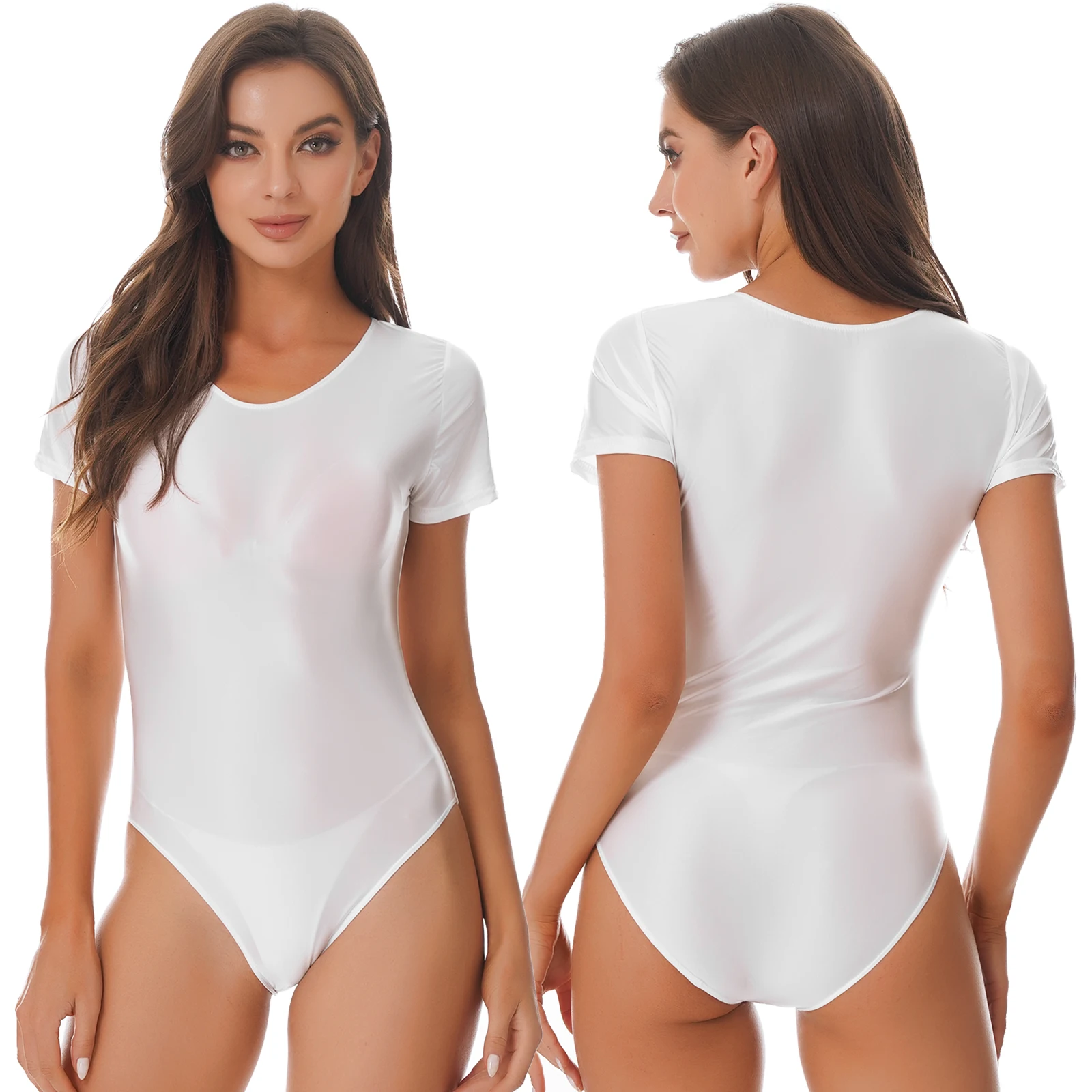 Pakaian Renang Bodysuit Warna Polos Glossy Wanita Baju Renang Leotard Potongan Tinggi Leher-o Lengan Pendek Pakaian Olahraga Pakaian Pantai Pakaian Selancar