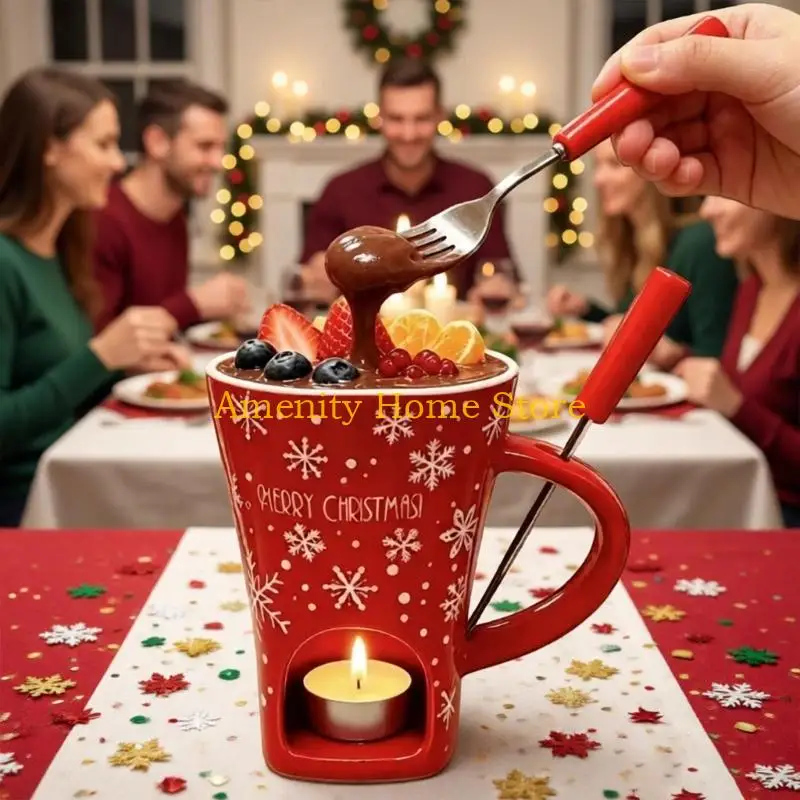 F26C Red Dessert Sauce Cup for Chocolate Dip and Sweet Sauces with Side Handle, Lower Warming Opening, and Winter Pattern for