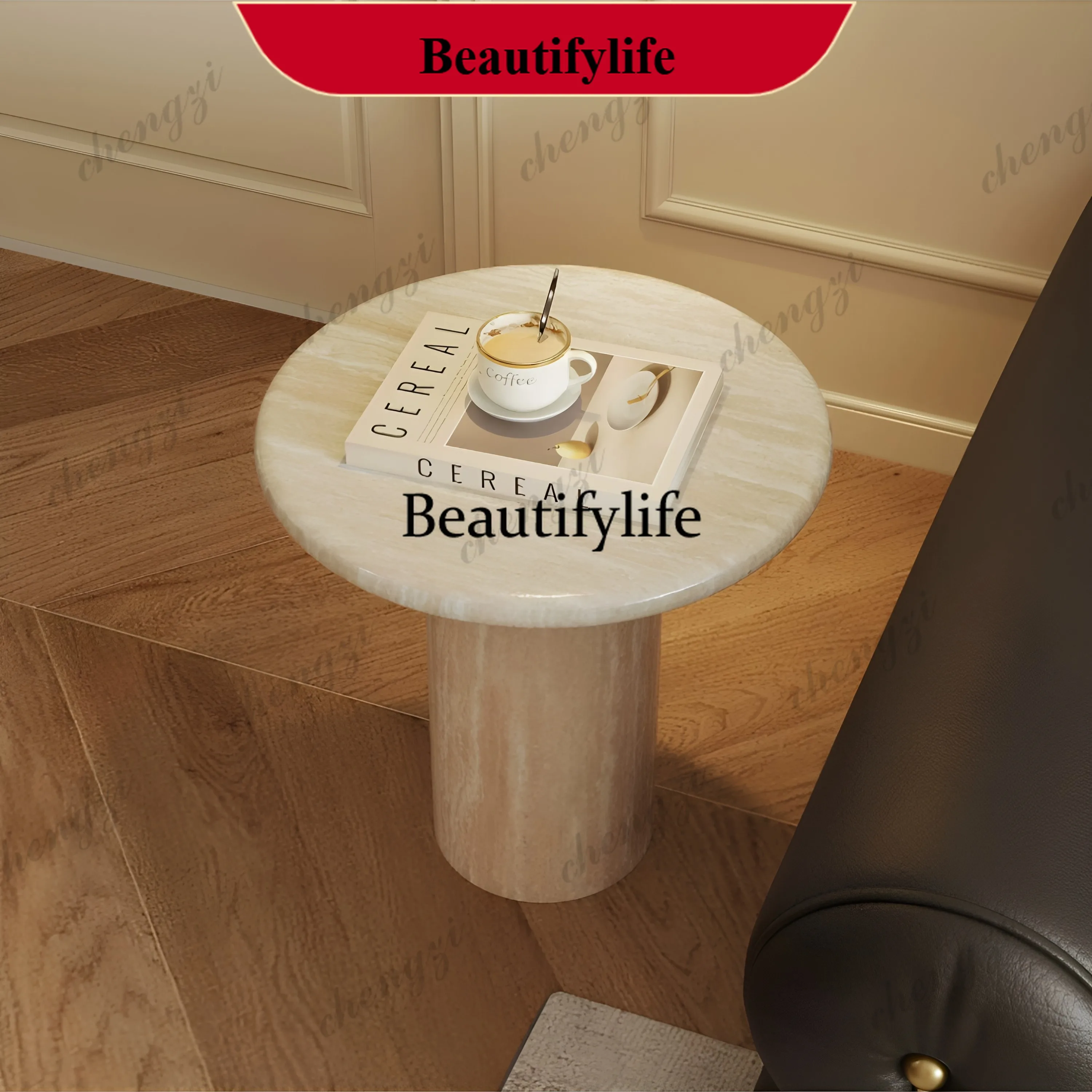 p182 Natural imported travertine round coffee table French medium and ancient style home living room small apartment advanced