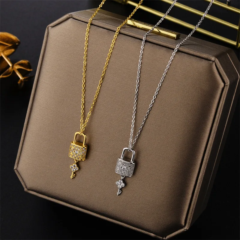 New In Light Luxury Zircon Crystal Tassels Key Lock Pendant Stainless Steel Necklaces For Women Trendy Female Clavicle Chain