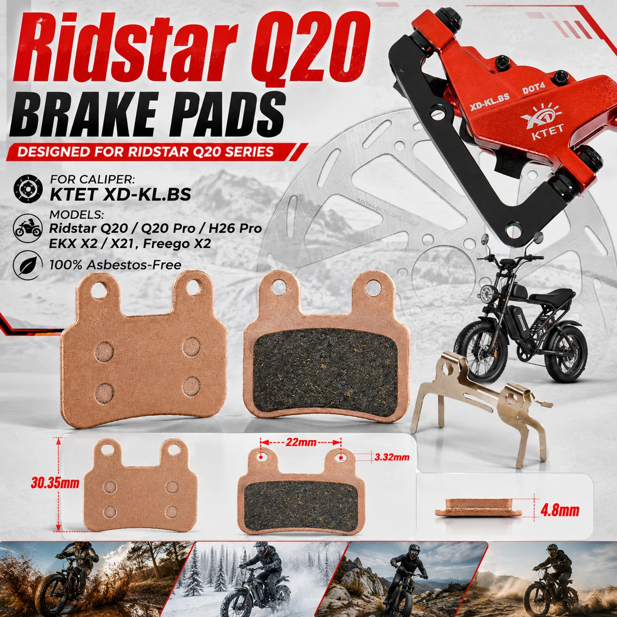 

Ridstar Q20 Brake Pads Semi-Metallic 2 Pairs for KTET XD-KL.BS 2 Piston Hydraulic Caliper Ridstar Q20 EKX X21 Freego X2