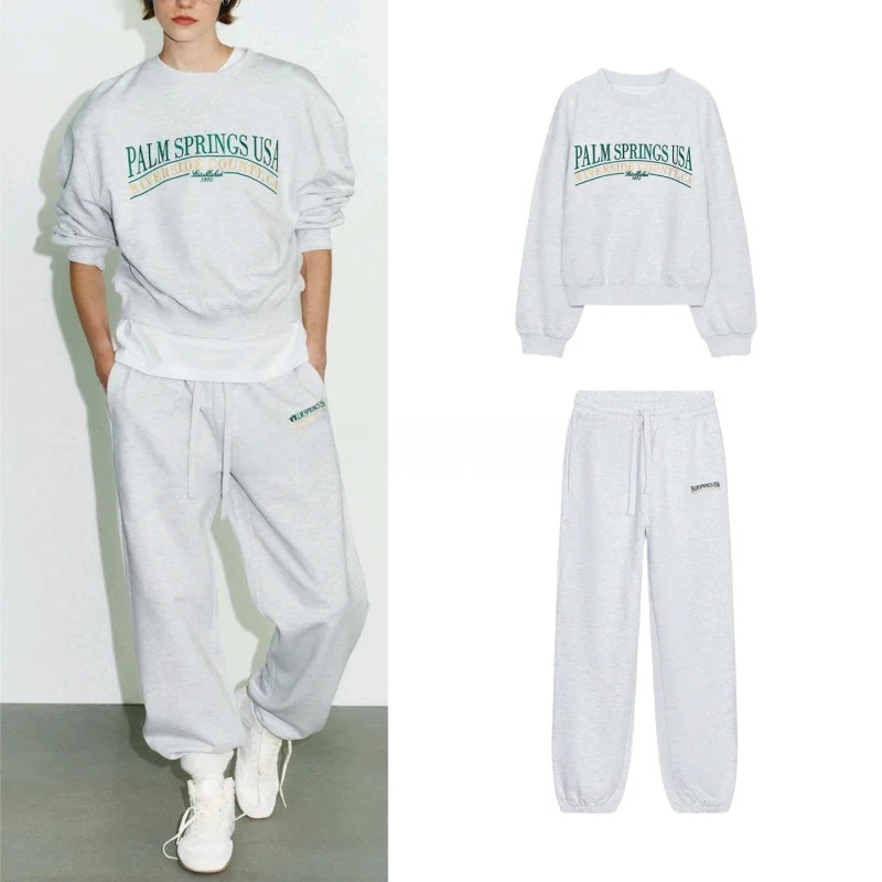 Comoda felpa rotonda allentata stampata Ne e pantaloni lunghi casual Set Faion per abbigliamento autunnale lungo in cotone da donna