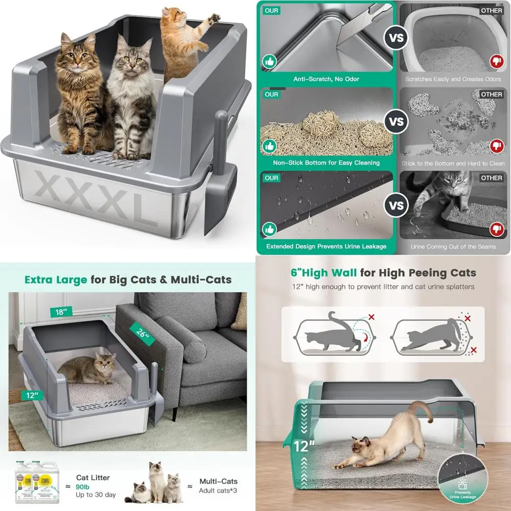 

Extra Large Odorless Stainless Steel Cat Litter Box with Lid, Big Cats XL Metal Pan, Easy Clean for Large Kitty Litter Needs
