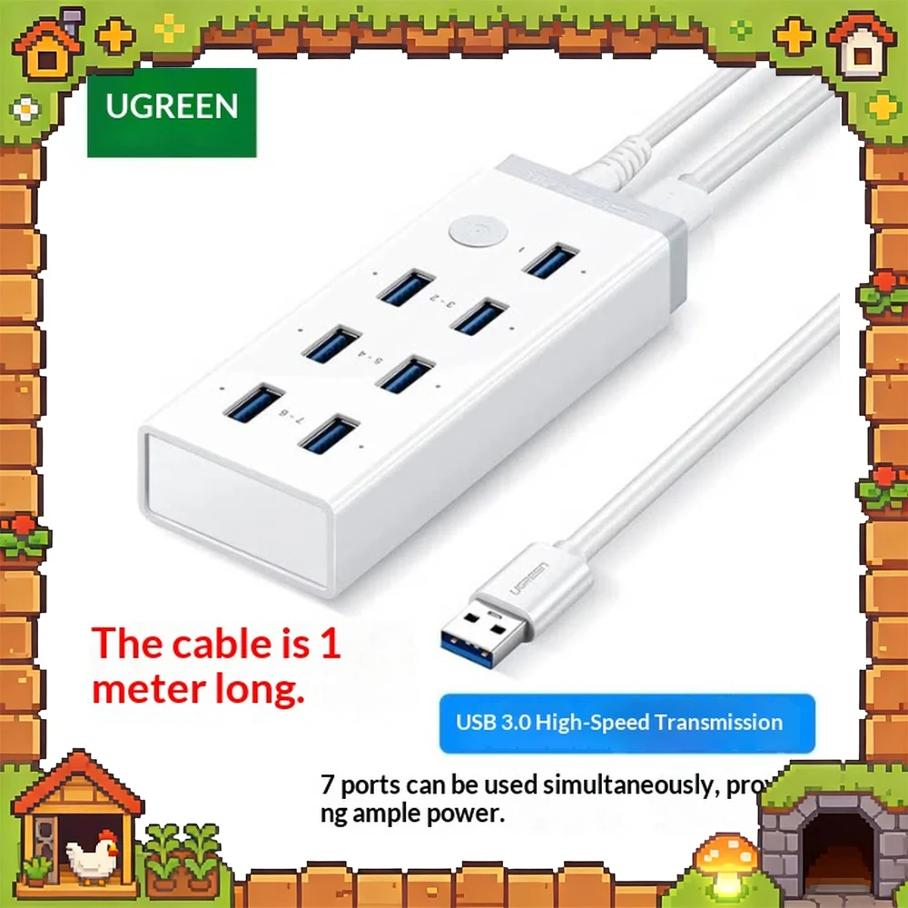 UGREEN 30303 CR116 USB 3.0 Hub 7 Port Powered High Speed USB Splitter with Power Adapter for Laptop Desktop PC