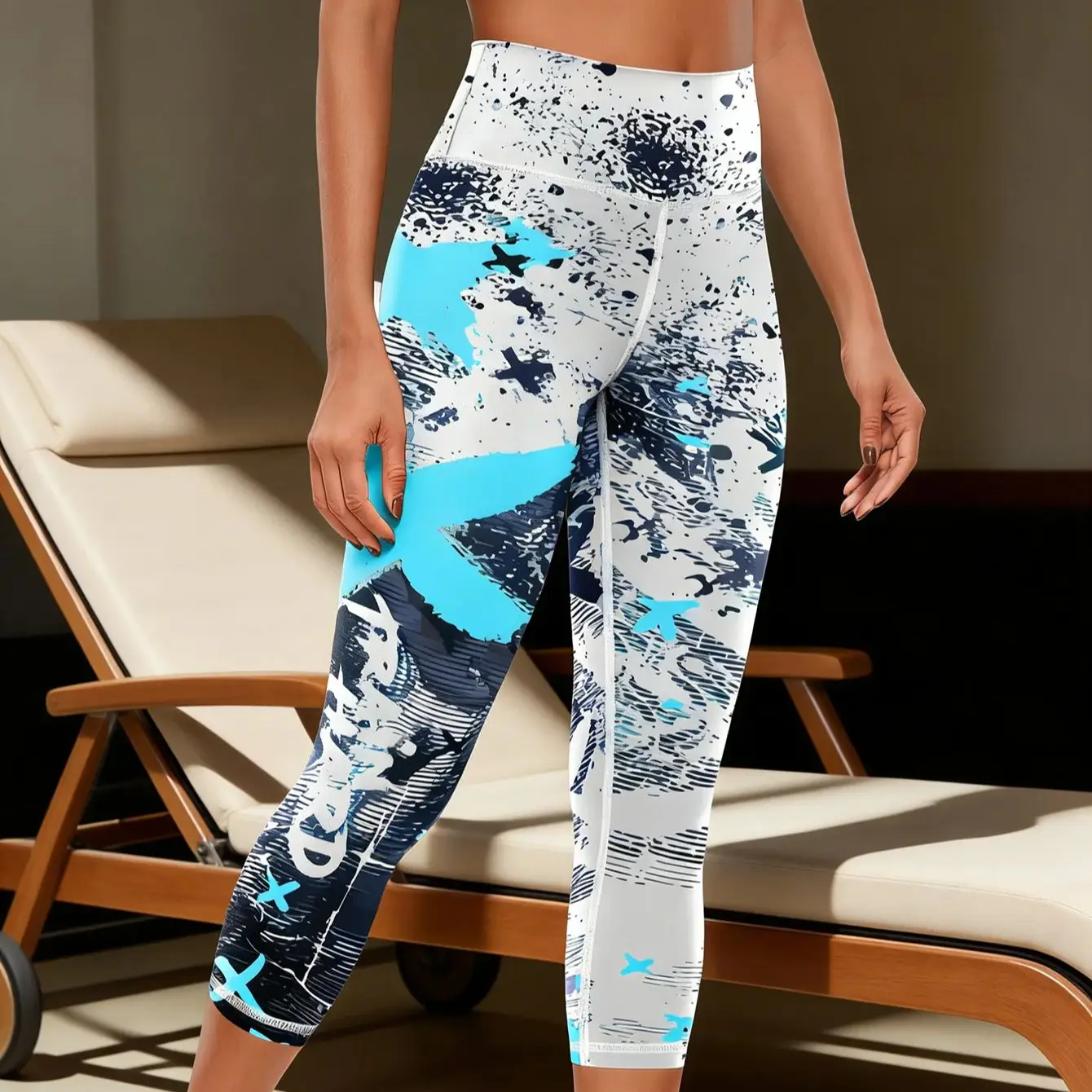 Women's High Waist Capri Yoga Leggings - Graffiti Print Workout Pants with Tummy Control & Butt Lifting Design, Non-See-Through