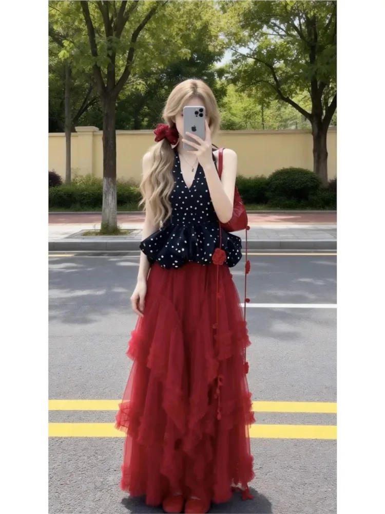 

Romantic date set sleeveless top two-piece new skirt