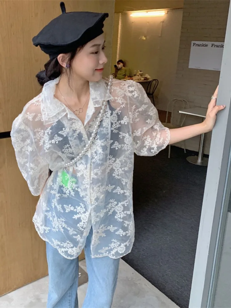 Summer Vintage See Through Temperament Blouses for Women Turn Down Collar Oversized Shirts Fashion Lace Embroidery Blouse Tops