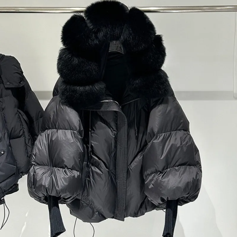 2025 Winter New  Large Haired Collar Hooded Down Jacket for Women Thickened Warm Knitted Sleeve Coat