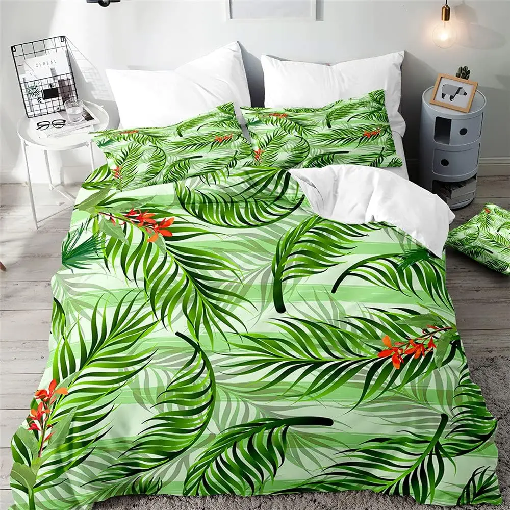 Hibiscus Duvet Cover Tropical Palm Leaves Bedding Set, Botanical Floral Comforter Cover Rustic Romantic Flowers Bohemian Decor