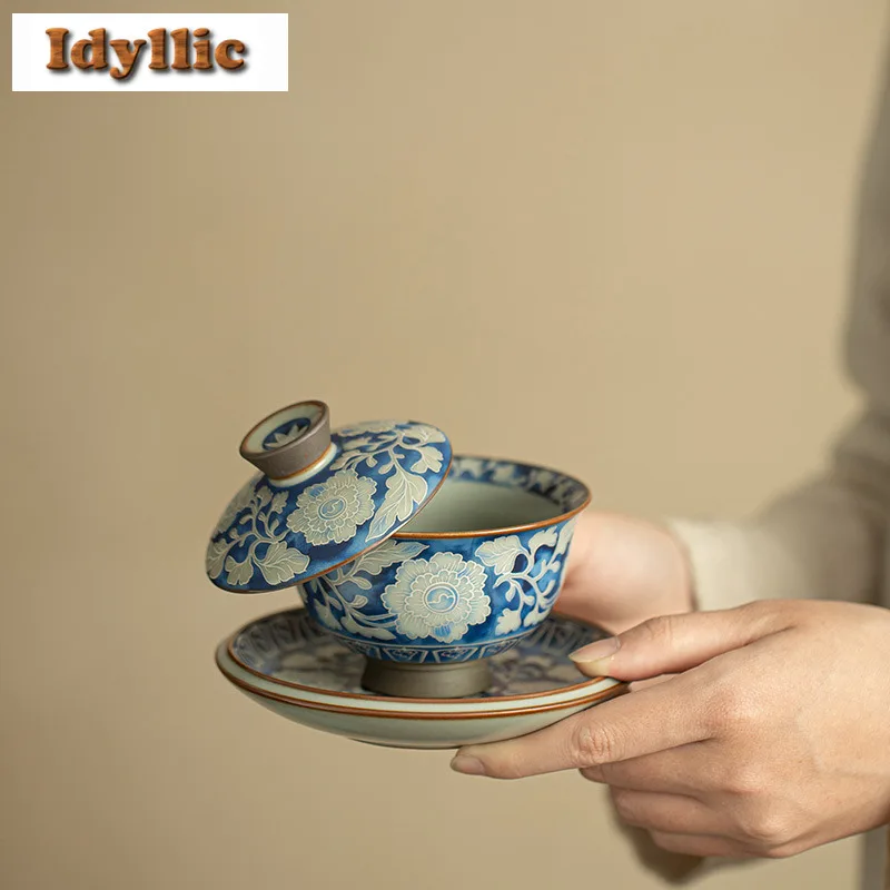 

150ML Ru Kiln Blue And White Peony Hovering Stuck Gaiwan Luxury Tea Tureen Tea Bowl With Lid Kit Tea Brewing Cover Bowl Cafes