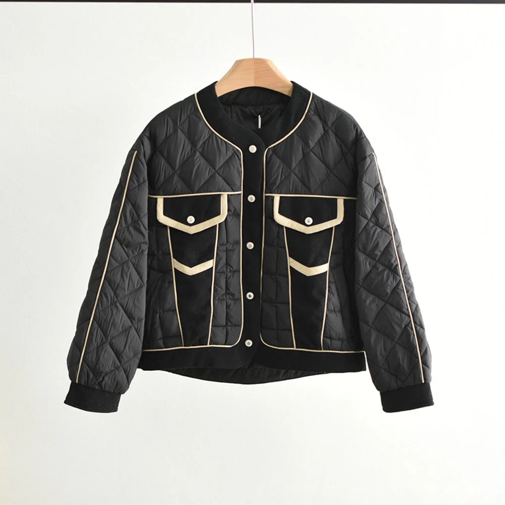 New Rhombus Pattern Down Jacket Color Block Down Coat Loose Fit Short Jacket Single Breasted Casual Jacket Top Women Down Coat