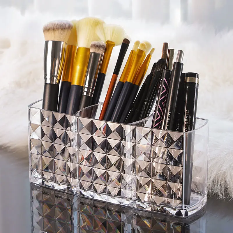 Rangement de pinceaux de maquillage en acrylique transparent, porte-pinceau à trois grilles, stockage de cosmétiques, décor à la maison, évaluation de maquillage, E27, 1 pièce