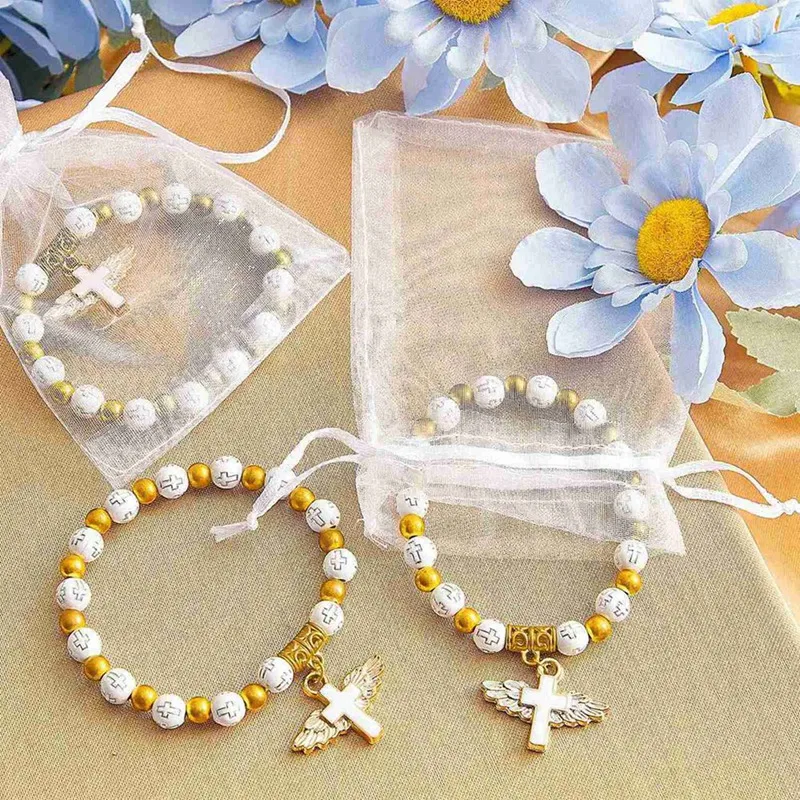 90X Angel Wing Cross Bracelet Favor With Organza Bags Acrylic Baptism Favor For Boy And Girl Communion Birthday Wedding