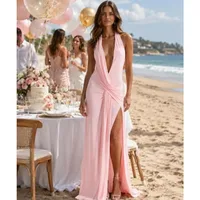Women Deep V Neck Halter Maxi Dress Backless Ruched High Split Cocktail Party Formal Prom Gown Wedding Guest Dress - Image 4