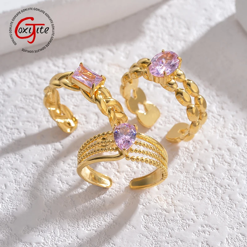 Goxijite Hot Sale Zircon Ring For Women Girls Stainless Steel Party Celebration Gold Color Rings With Pink Stone Jewelry Gift