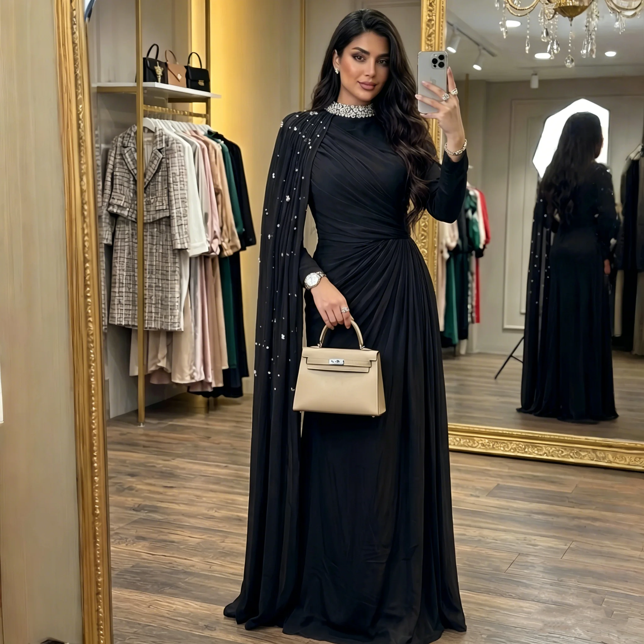 

Luxury Formal Crystal Beaded Evening Dress Open Sleeves High Collar Ruffle Decoration Ball Dress Wedding Party Dress Customized