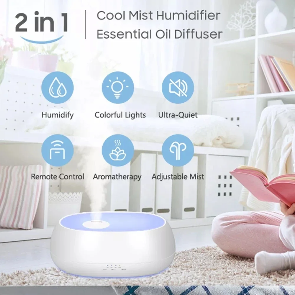 Humidificador Toroidal con Control remoto, difusor de Aroma, aceite esencial, pulverizador de niebla para el hogar, 7 luces LED de colores, 500ml