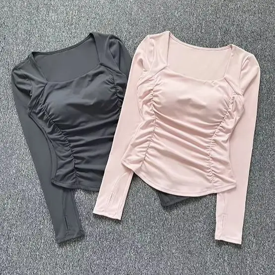 Women Square Neck Ruched Yoga Top New Professional Pilates Running Training Cycling Workout Long Sleeve Fitness Sport Shirt