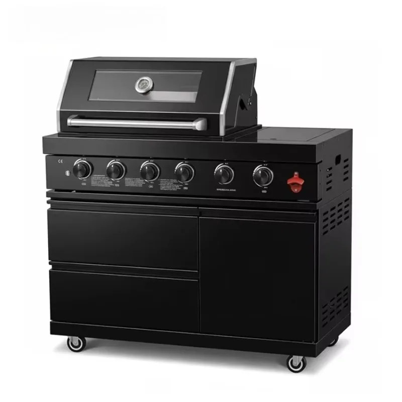 304 stainless steel four-port grill with one-side oven, powder coated surface treatment
