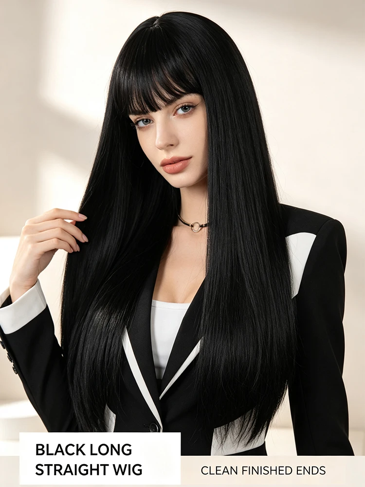 Synthetic 28 Inch Women Black Straight Bangs Long Straight Hair Fashion Wig Halloween Cosplay Heat Resistant Fiber