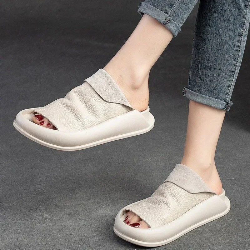 Cool Slippers for Women Summer 2023, New Vintage Soft Pu Leather Solid Color Half Trailer Casual Platform Slip on Slides Sandals