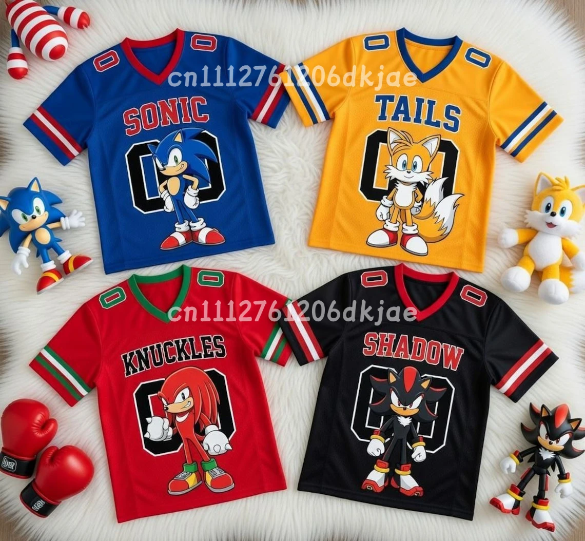 2026 Neuestes Kinder/Erwachsenen Personalisiertes Sonic Fußballtrikot Sommer V-Ausschnitt Sport T-Shirt Sonic Cosplay Kleidung Fußball T-Shirt