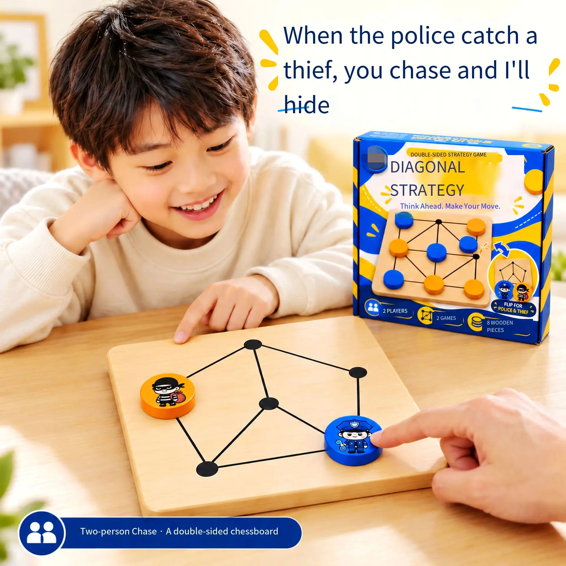 Wooden Diagonal Strategy Board Game, Police Catch Thief Double Sided Chess, Kids Logic Thinking Puzzle Toy ,Family Game