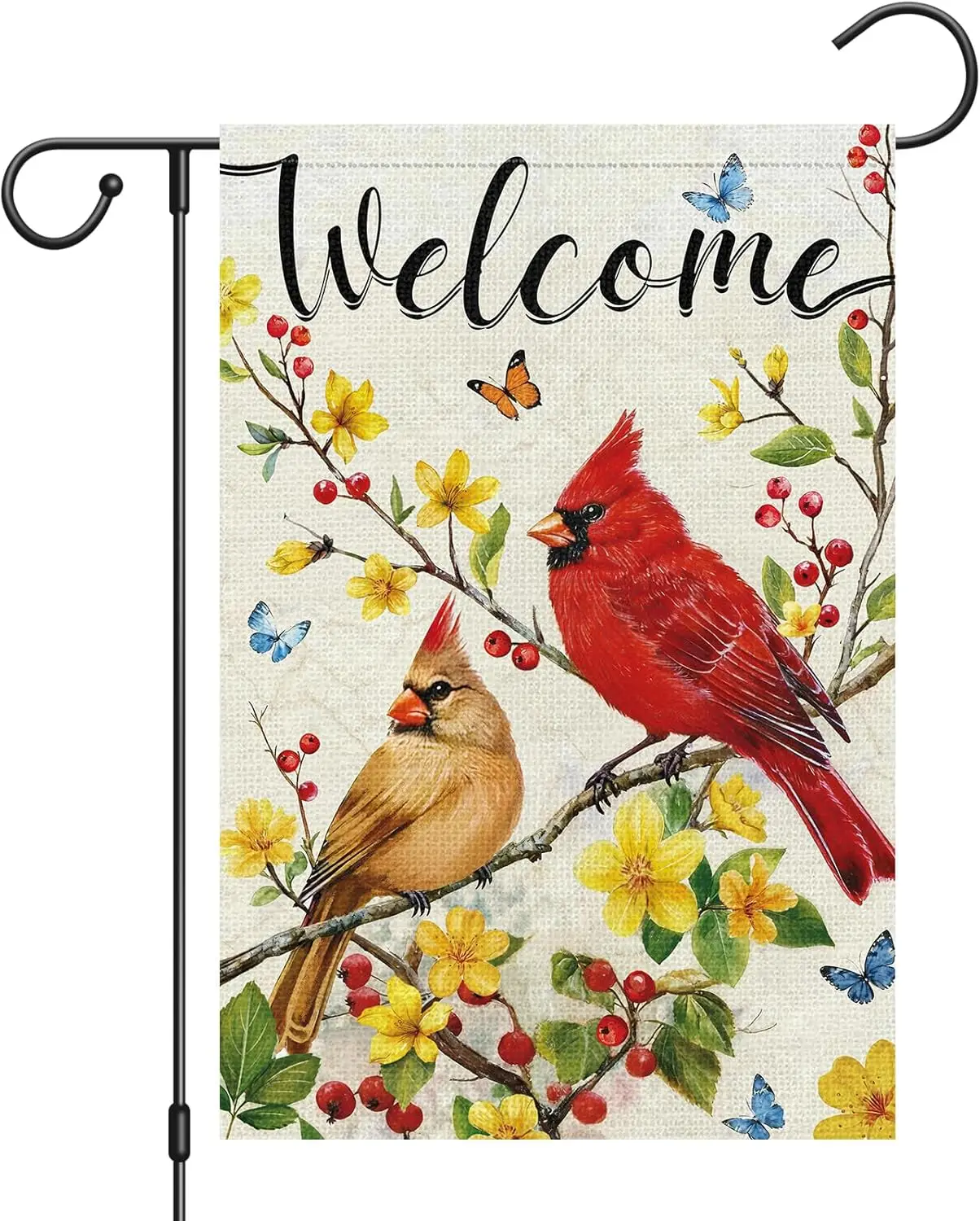 Heyfibro Welcome Spring Garden Flag 12x18 Double Sided Burlap, Red Cardinal Flower Yard Banner for Rustic Seasonal Summer Bu AAS