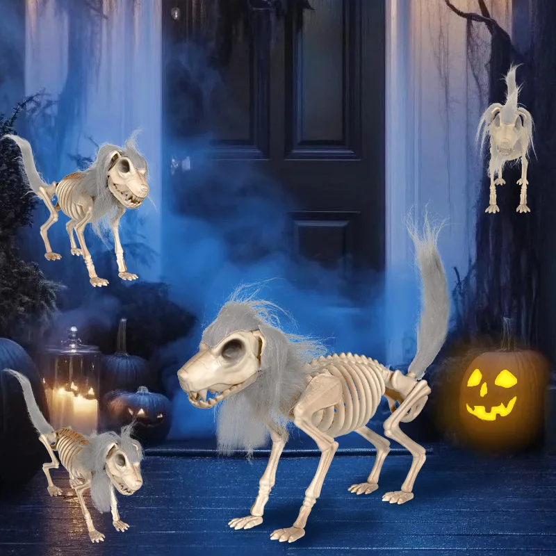Halloween Skeleton Dog Bone Posable Standing with Fur Dog Skeleton for Halloween Decor Spooky Bones Prop Haunted House Graveyard