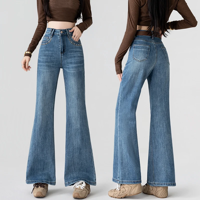 Stretchy Non‑Clinging Flare Jeans for Women, Korean‑Style High‑Waist Long Pants, Slim‑Fit Tall‑Looking Denim Trousers