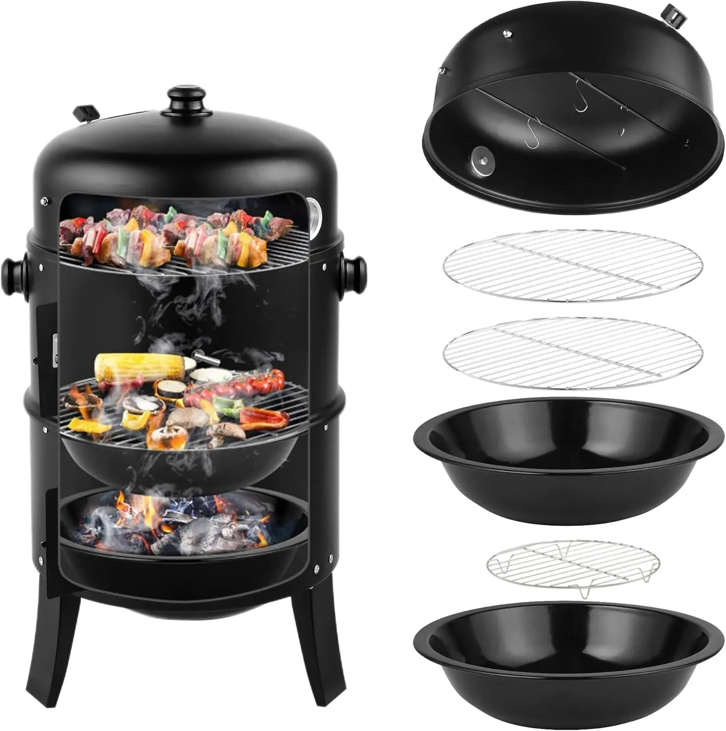 16 Inch Charcoal BBQ Smoker Grill,3-in-1 Portable Vertical Grill Cooker with Built-in Thermometers & Adjustable Vent Systems for