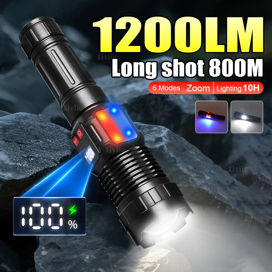 

Супермощные фонарики 1200LM TYPE-C перезаряжаемый светодиодный фонарик с телескопическим зумом, фонарик дальнего действия с сигнальной лампой COB
