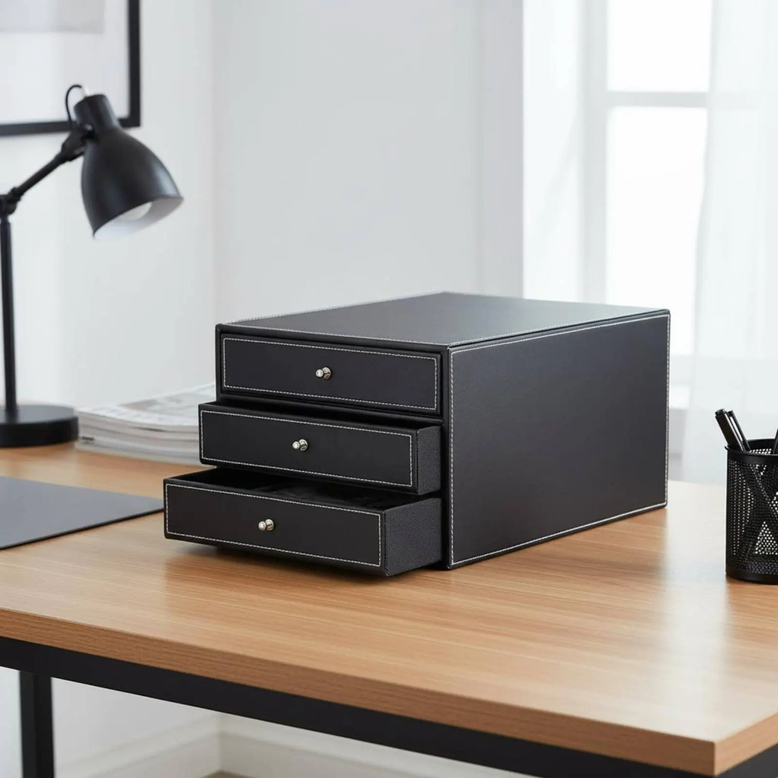 Leather Desk Organizer Box Handmade 3-Drawer Desktop File Cabinet A4 File Organizer Long-Lasting Storage Furniture Waterproof