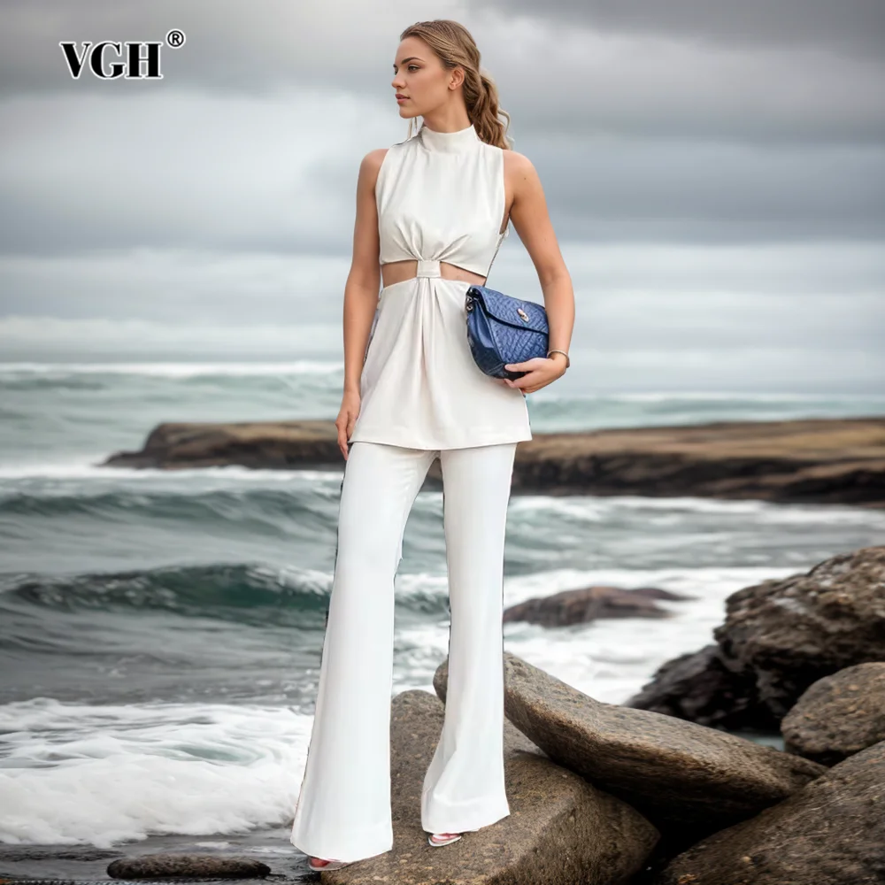 

VGH Elegant Two Piece Sets For Women Stand Collar Sleeveless Hollow Out Tops High Waist Flare Pants Temperament Set Female New