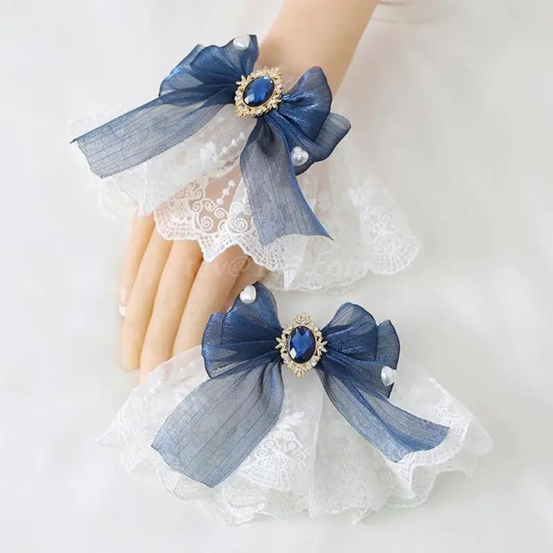 Puños de muñeca de manga de mano de Lolita japonesa, dulce encaje con volantes Multicolor, pulsera de Cosplay de mucama con lazo para fiesta de boda