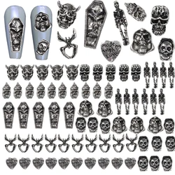 70Pcs Halloween Nail Art Charms 3D Gothic Skull Nail Charms Metal Silver Nail Rhinestones Nail Design Nail Gem Jewelry Vintage