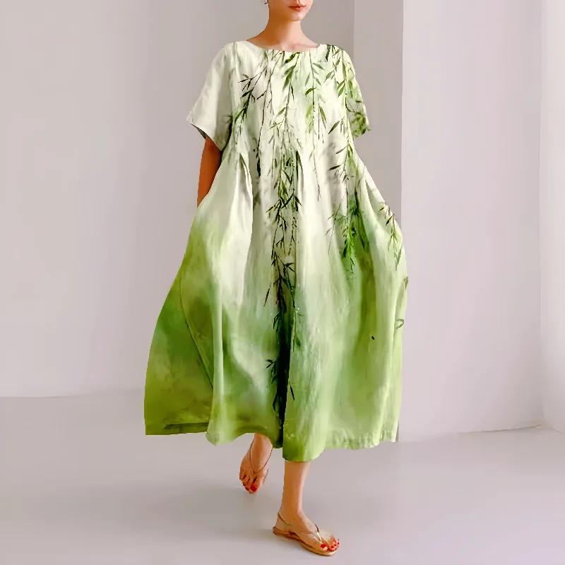 

Green Flower Cotton And Linen Dress Women Summer Fashion Loose Casual Short Sleeve Holiday Beach Long Maxi Dress