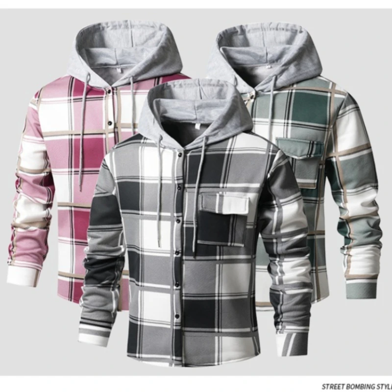 

Новая клетчатая куртка с капюшоном для мужчин, весна-осень, свободная клетчатая рубашка с капюшоном, большие размеры, модная повседневная рубашка с длинными рукавами, уличная одежда