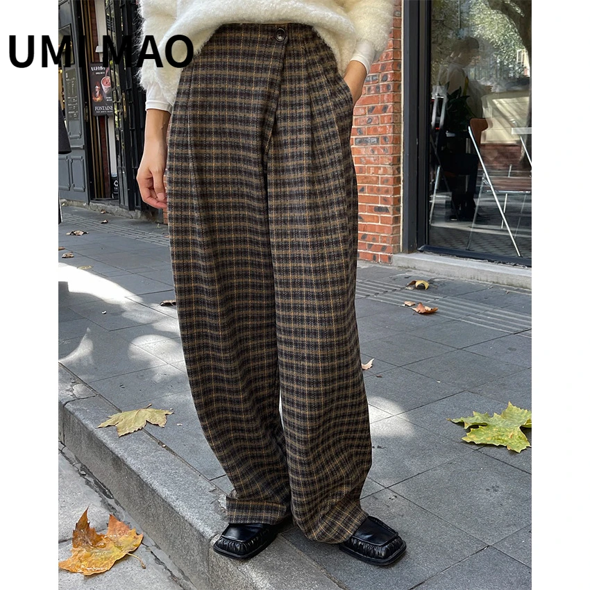 

UMI MAO Winter New Korean Retro Plaid Design Diagonal Placket High Waist Wide Leg Pants Loose Casual Woolen Trousers Women