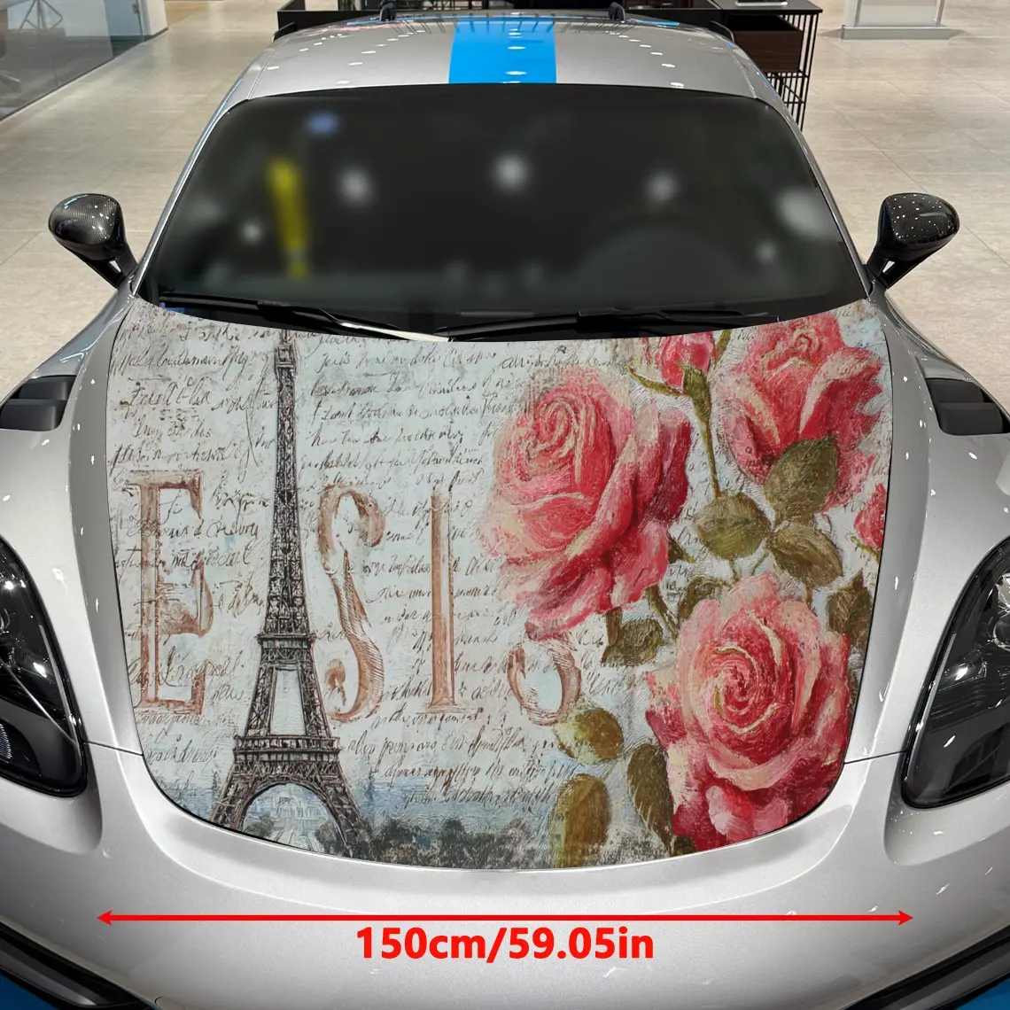 Stylish Vintage Eiffel Tower Rose Car Cover Sticker, Auto Hood Decal, Car Exterior Scratch Resistant Decal, Trendy Gift for Car