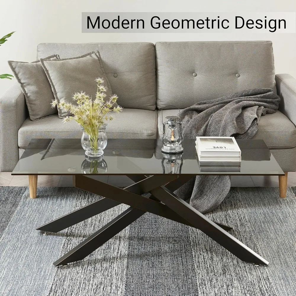 Rectangle Modern Coffee Table, Gray Tempered Glass Table Top and Metal Tubular Legs 47.3”Lx23.6”Wx18.1”H Black Easy Assembly