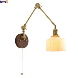 IWHD Modern Style LED Wall Light Fixtures Walnut Copper Hallway Bedroom Living Room Nordic Bedside Lamp Pull Chain Switch