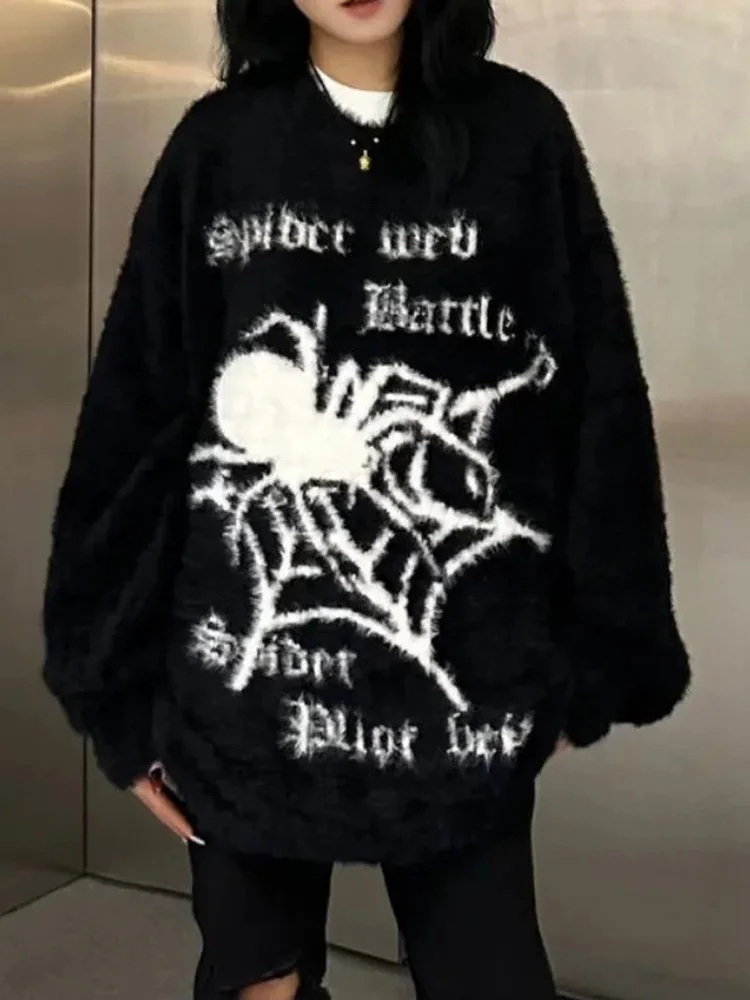 

2024 Y2k Aesthetic Spider Knitted Sweater Pullover Harajuku Gothic Casual Oversized Loose Sweater Grunge Letter Jumpers Knitwear